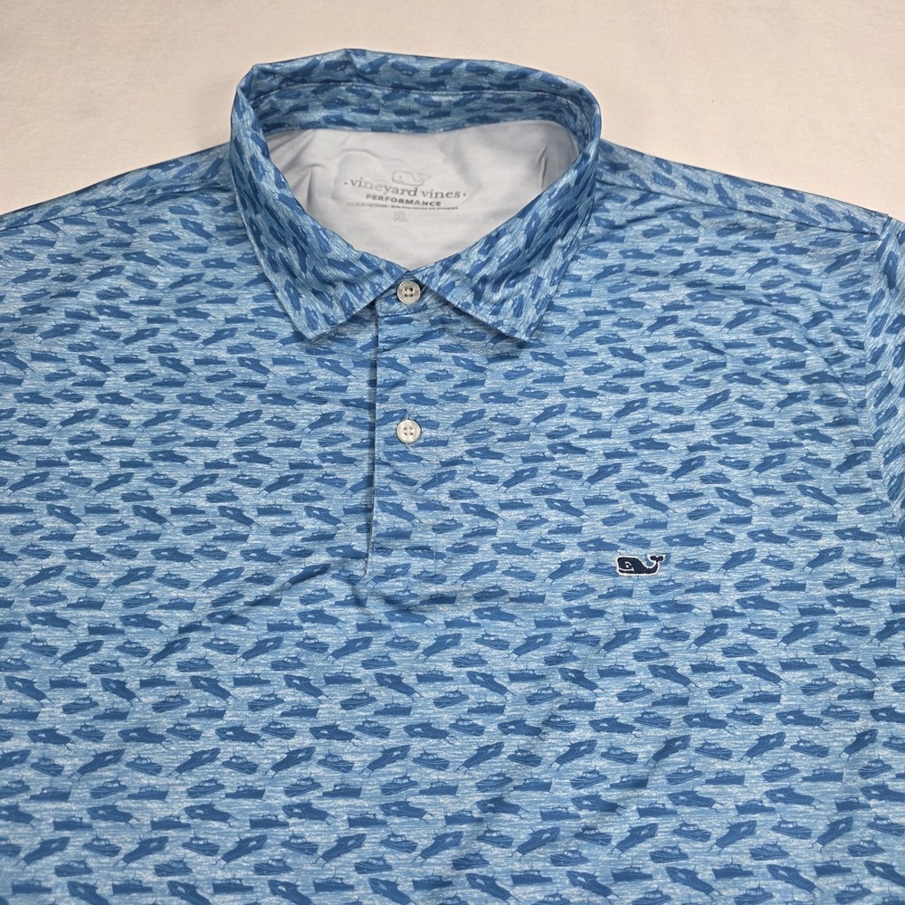 Vineyard Vines Golf Shirt Polo Picnic Boat Print XL Blue Polyester Spandex